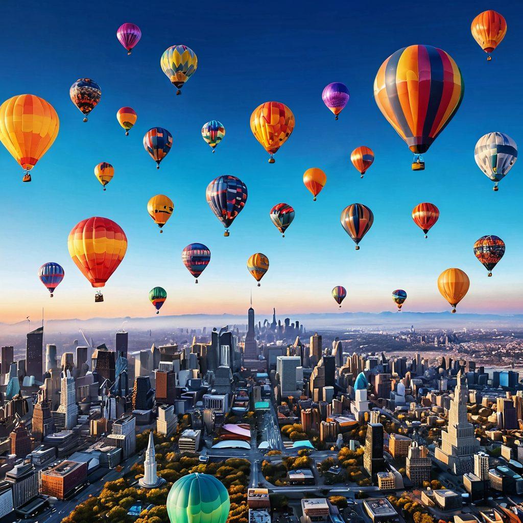 A whimsical journey through a vibrant digital landscape, filled with colorful balloons representing various blog topics floating across the sky. A diverse group of content creators, each with unique gadgets, navigates this landscape using a map made of hashtags. The background showcases a skyline of glowing devices symbolizing digital authority. super-realistic. vibrant colors. white background.