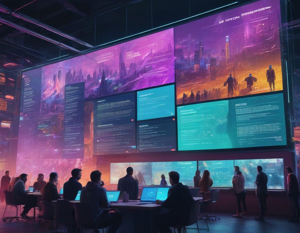 A vibrant digital landscape showcasing diverse people collaborating and sharing ideas, surrounded by dynamic blog post visuals floating in the air. In the background, a large community board represents various topics and insights, illustrating the power of community-driven content. Bright and engaging colors to signify creativity and transformation. cyberpunk. super-realistic. vibrant colors.